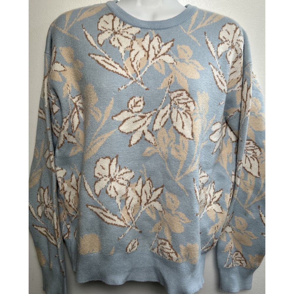 Rachel Roy Pullover Sweater Medium Spring Baby Blue Floral Soft Round Neck L/S